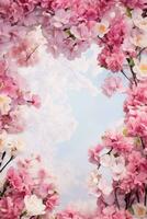 AI generated Vibrant spring blooms frame expansive space photo