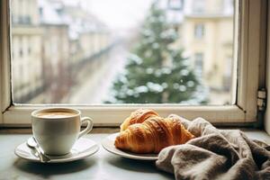 ai generado acogedor fin de semana vibraciones con humeante café, cruasanes, y un Nevado ventana fondo foto