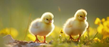 AI generated two small baby chicks on a branch with grasses in back photo