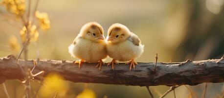 AI generated two small baby chicks on a branch with grasses in back photo