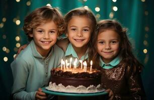 ai generado Tres brillantemente iluminado niños con cumpleaños pastel foto