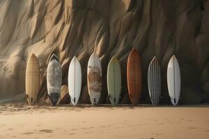 AI generated surfboards lined up in front of a blue rock photo