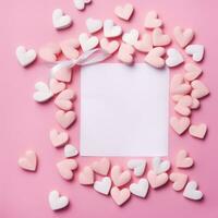 AI generated Vintage postcard with heart-shaped candies on pastel pink background photo