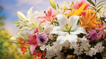 AI generated bountiful bouquet showcasing a harmonious blend of various spring blooms photo