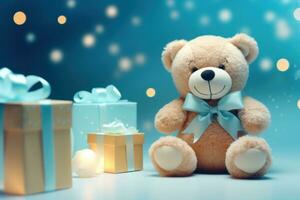 AI generated bear and gifts sitting next to a blue background photo