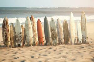 AI generated surfboards lined up in front of a blue rock photo