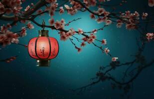 AI generated red candle lanterns on the branch of an asian tree with pink blossoms photo