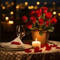 AI generated Romantic dinner setting with red roses and candles photo