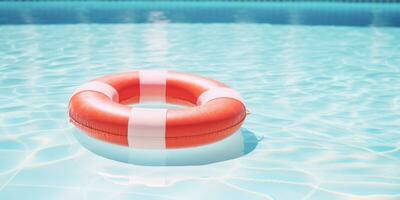 ai generado rojo inflable nadar anillo flotante en un azul piscina foto