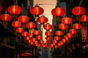 AI generated red paper lanterns hung on a street photo