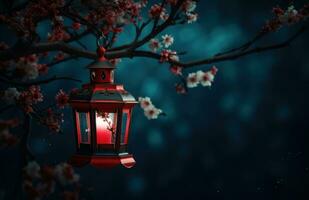 AI generated red candle lanterns on the branch of an asian tree with pink blossoms photo