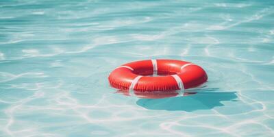 ai generado rojo inflable nadar anillo flotante en un azul piscina foto