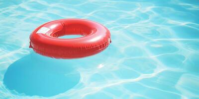 ai generado rojo inflable nadar anillo flotante en un azul piscina foto