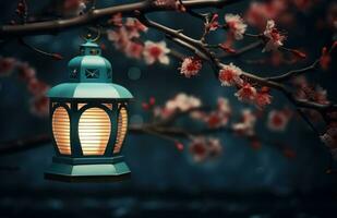 AI generated red candle lanterns on the branch of an asian tree with pink blossoms photo