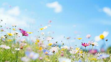 AI generated Serene meadow with blooming flowers, offering ample copy space for text photo