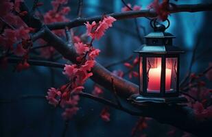 AI generated red candle lanterns on the branch of an asian tree with pink blossoms photo