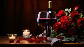AI generated Romantic backdrop with wine, roses, and ample space for intimate expressions photo