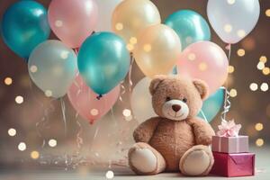 ai generado rosado osito de peluche oso sentado con globos foto