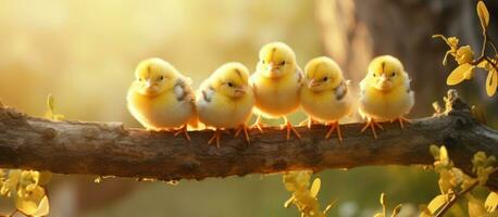 AI generated newborn baby chicks on a branch photo