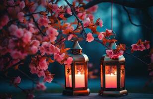 AI generated red candle lanterns on the branch of an asian tree with pink blossoms photo