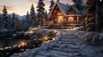AI generated Cozy winter aesthetic with a warm glow, snow-laden pines, and tranquil serenity photo