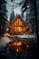 AI generated Cozy winter aesthetic with a warm glow, snow-laden pines, and tranquil serenity photo