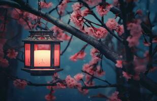AI generated red candle lanterns on the branch of an asian tree with pink blossoms photo