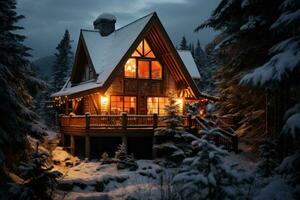 AI generated Cozy winter aesthetic with a warm glow, snow-laden pines, and tranquil serenity photo