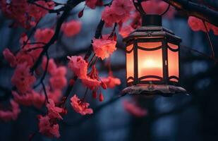 ai generado rojo vela linternas en el rama de un asiático árbol con rosado flores foto