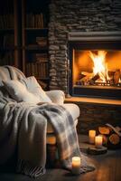 AI generated Cozy winter aesthetics, soft blankets, warm lights, creating an inviting and snug atmosphere photo