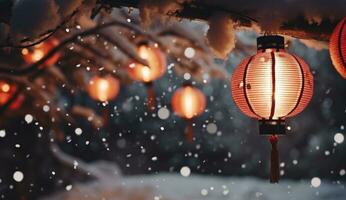 AI generated lanterns on a tree at night with snow photo
