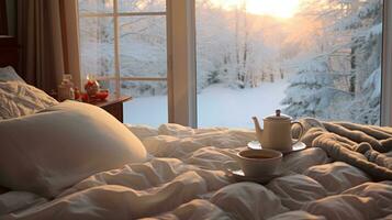 AI generated Winter weekend morning, cozy bed, hot cocoa, and a frost-kissed window panorama photo