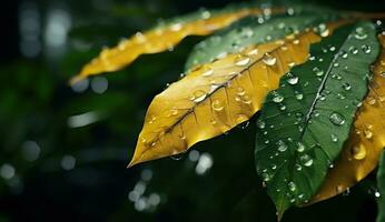 AI generated leaves and rain drops on leaves in the forest photo