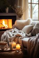 AI generated Cozy winter aesthetics, soft blankets, warm lights, creating an inviting and snug atmosphere photo