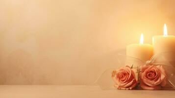 ai generado un oferta antecedentes para expresando afecto, presentando rosas, luz de una vela foto