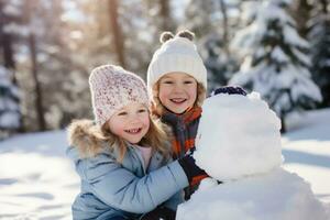 AI generated Family teamwork, building a snowman, smiles, and the magic of snowy togetherness photo