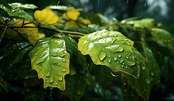 AI generated leaves and rain drops on leaves in the forest photo