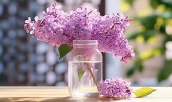 AI generated lilac flower in a mason jar, photo