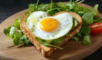 AI generated heart shape bread, egg and toasted sliced bread photo