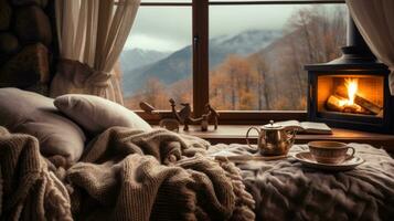 AI generated Cozy winter aesthetics, soft blankets, warm lights, creating an inviting and snug atmosphere photo