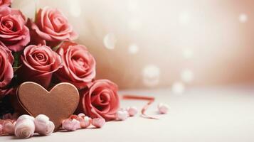 AI generated Dreamy Valentine's Day scene with roses, chocolates, and ample copy space photo