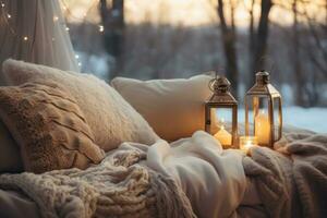 AI generated Cozy winter aesthetics, soft blankets, warm lights, creating an inviting and snug atmosphere photo