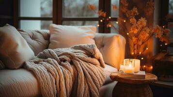 AI generated Cozy winter aesthetics, soft blankets, warm lights, creating an inviting and snug atmosphere photo