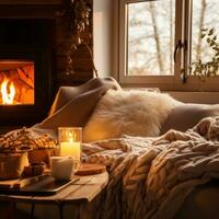 AI generated Cozy winter aesthetics, soft blankets, warm lights, creating an inviting and snug atmosphere photo