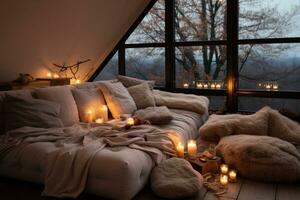 AI generated Cozy winter aesthetics, soft blankets, warm lights, creating an inviting and snug atmosphere photo
