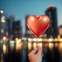 ai generado mano participación en forma de corazon globo en contra borroso ciudad luces foto