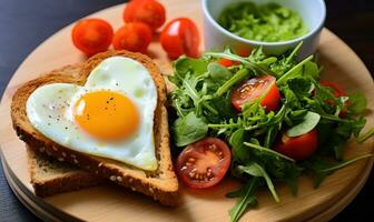 AI generated heart shape bread, egg and toasted sliced bread photo