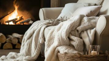 AI generated Cozy winter aesthetics, soft blankets, warm lights, creating an inviting and snug atmosphere photo