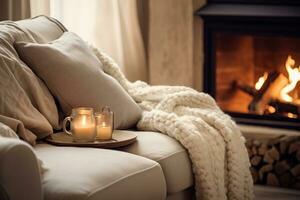 AI generated Cozy winter aesthetics, soft blankets, warm lights, creating an inviting and snug atmosphere photo