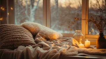 AI generated Cozy winter aesthetics, soft blankets, warm lights, creating an inviting and snug atmosphere photo